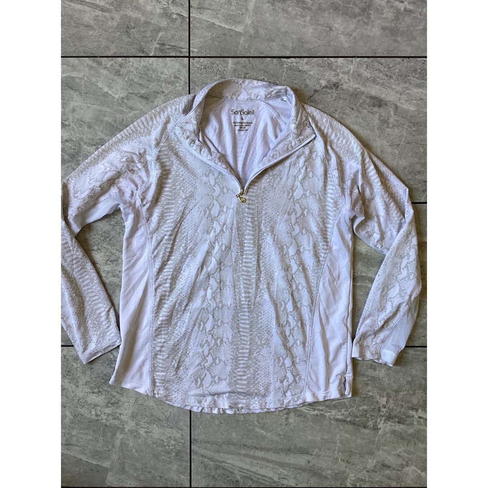 SanSoleil SolCool Womens Large White Grey Snakeskin 1/4 Zip Golf Top UPF 50